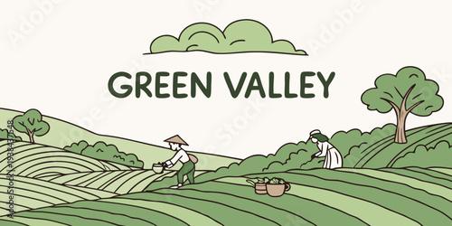 A picturesque view of the lush and verdant green valley with rolling hills and a winding river. Vector