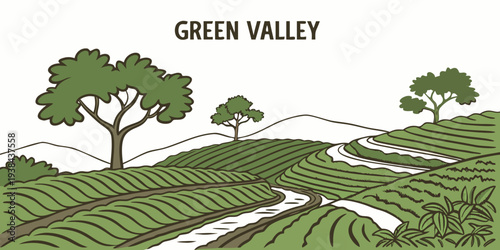 A serene landscape of green valley with trees and a winding path Vector