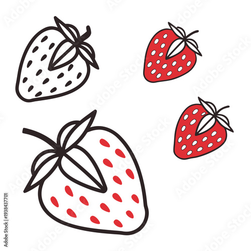 Four strawberries with ladybugs resting on them in a row Vector