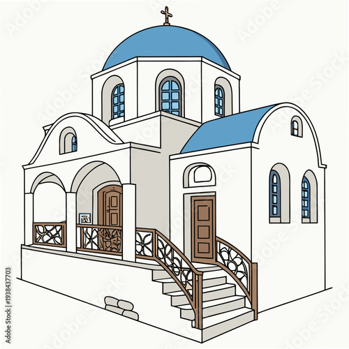 A picturesque blue domed church with white walls and a staircase leading to the entrance. Vector