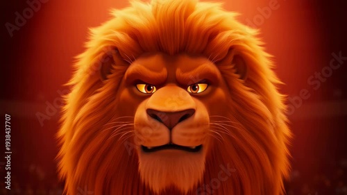 Majestic cartoon lion face close up on red background digital animation character with rich details and fur render quality