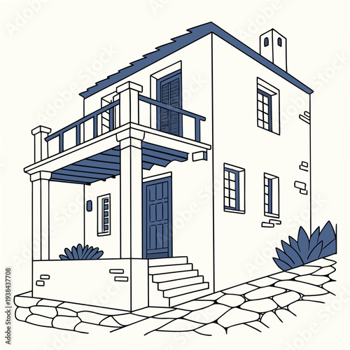 A charming two-story house with a welcoming porch and a well-maintained lawn Vector