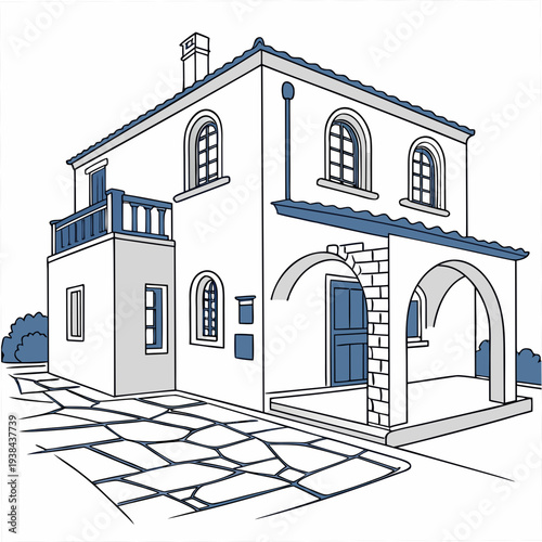 A detailed architectural drawing of a historic building with arches and columns. Vector
