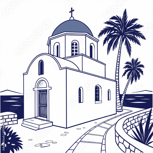 A serene greek orthodox church nestled between palm trees on a hillside Vector