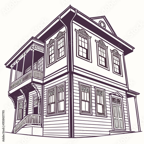 A detailed line drawing of a large, three-story victorian style house with intricate architectural details. Vector