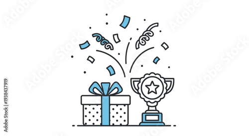 Celebratory illustration featuring a gift trophy and confetti for achievement