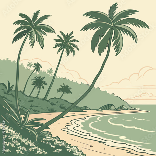 A serene tropical beach with palm trees and a winding river in the distance Vector