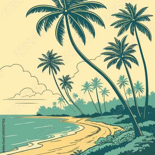 A serene tropical beach with palm trees and birds flying over the calm waters. Vector