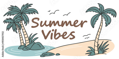 Palm trees and a sun lounger on a beach with a blue sky and white clouds Vector