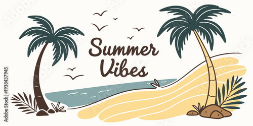 Vibrant summer vibes with palm trees and a sailboat on the horizon Vector