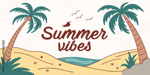 A vibrant summer scene with palm trees and colorful umbrellas on a sunny beach Vector