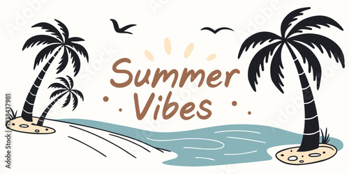 Palm trees sway gently in the breeze on a sunny beach with clear blue skies. Vector