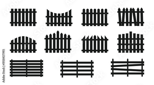 Fence icon vector set. Garden barrier symbols. Picket fence silhouettes. Black fence collection.