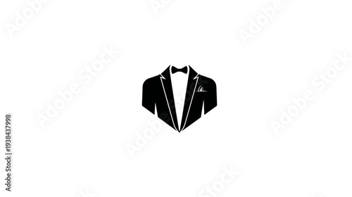Elegant Black Tuxedo Jacket Icon with Bow Tie and Pocket Square. Classic Formal Menswear Graphic Design Element.