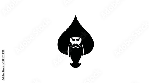 Stylized bearded man's face vector logo icon in a black spade shape. Masculine character, wise elder, or strong warrior concept.