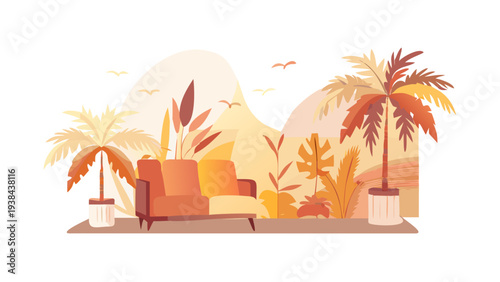 A vibrant illustration of tropical fruits and palm trees on a sunny beach Vector