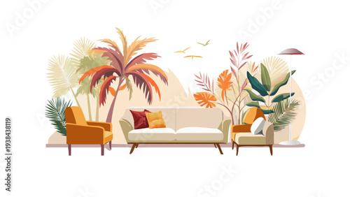A vibrant living room with colorful furniture and tropical plants Vector