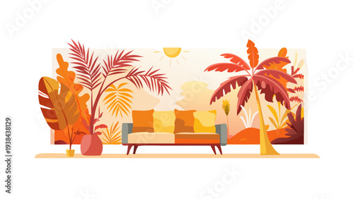 Vibrant autumn scene with a cozy couch and a warm fireplace Vector