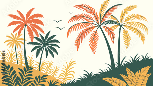 Vibrant tropical palm trees swaying gently in a warm and sunny paradise landscape Vector