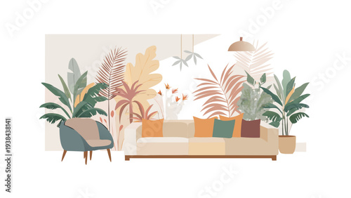 A cozy living room with plants and a comfortable sofa Vector