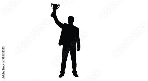 Silhouette of a person raising a trophy in a victorious gesture