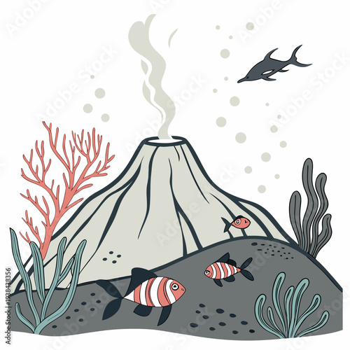 A dramatic scene of a volcano erupting with a shark and a plane in the sky Vector