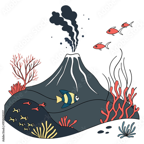A serene underwater scene featuring a majestic volcano and vibrant marine life Vector