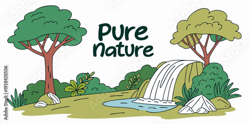 A serene landscape showcasing the beauty of nature with trees and a waterfall Vector
