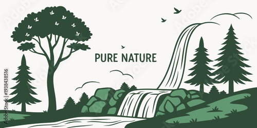 A serene landscape showcasing a lush forest with a winding river and majestic mountains in the background. Vector