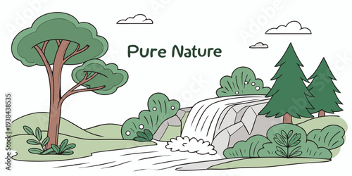 A serene waterfall surrounded by lush greenery and vibrant flowers Vector