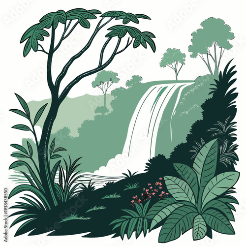 A serene tropical landscape with a waterfall and lush vegetation Vector
