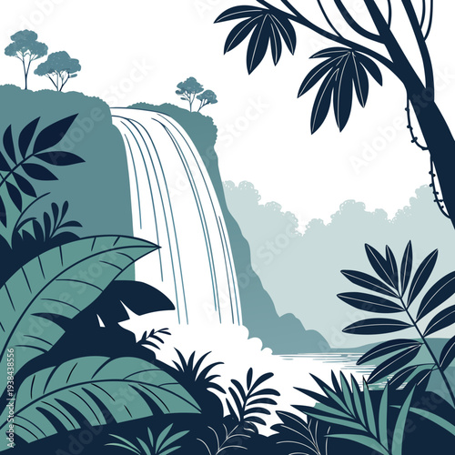 A serene tropical waterfall cascading into a lush green jungle pool surrounded by vibrant plants. Vector
