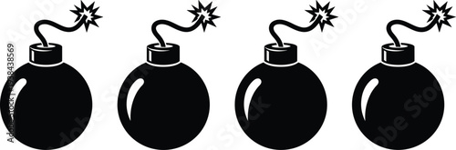 Cartoon bomb icons with lit fuse wick and spark representing explosion danger threat warfare gaming weapons and deadline pressure concepts in black solid silhouette style isolated on white background