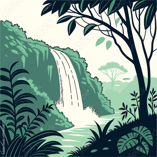 A serene waterfall cascading through a lush, tropical rainforest environment. Vector