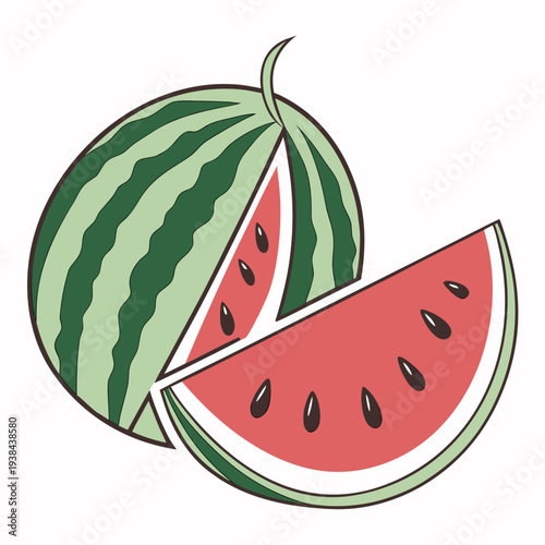A vibrant illustration of a whole and sliced watermelon on a white background Vector