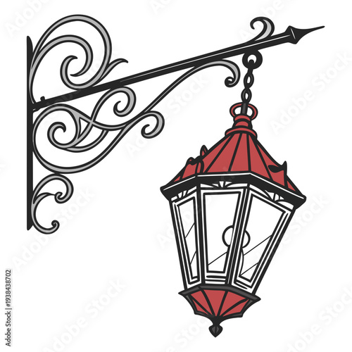 A vintage-style wall-mounted street lamp with intricate ironwork and a red glass shade. Vector