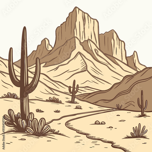 A serene desert landscape with towering mountains and a lone cactus. Vector