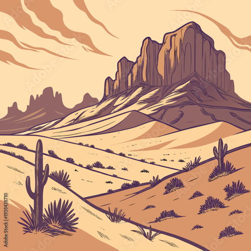 A vast desert landscape with towering rock formations and sparse vegetation under a clear sky Vector