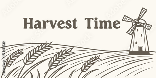 A serene countryside scene with a windmill and golden wheat field under a clear sky Vector