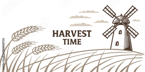 A serene countryside scene featuring a windmill and a field of golden wheat. Vector