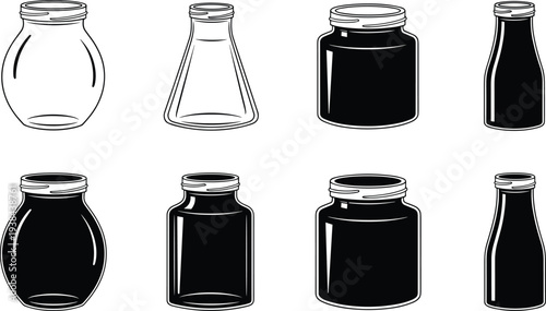 Glass jar and laboratory bottle icon set in outline and solid styles for food storage canning preserves pharmacy medicine and scientific research design concepts isolated on white background