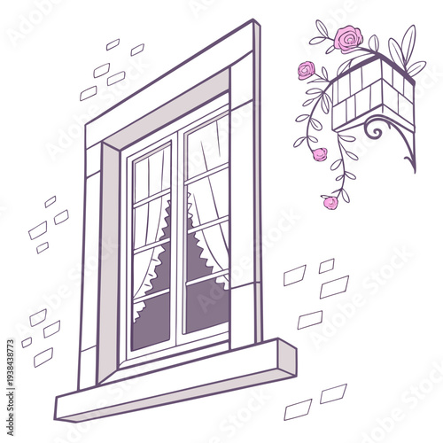 A whimsical illustration of a woman in a dress floating out of a window. Vector
