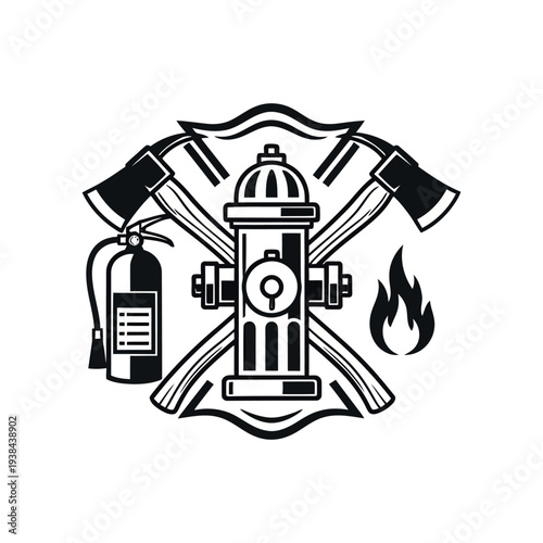 Vintage Firefighter Logo Featuring Fire Hydrant Extinguisher and Crossed Axes, Retro Badge Emblem Style, Classic Fire Department Insignia Isolated on White Background