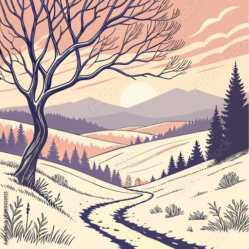 A serene winter landscape with a lone tree standing tall against the snowy backdrop. Vector