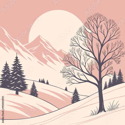 A serene winter landscape with a full moon and snow-covered trees Vector
