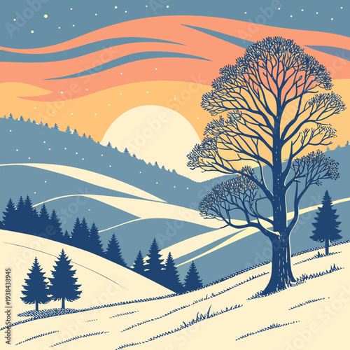 A serene winter landscape with a solitary tree standing tall under a vibrant sunset sky Vector