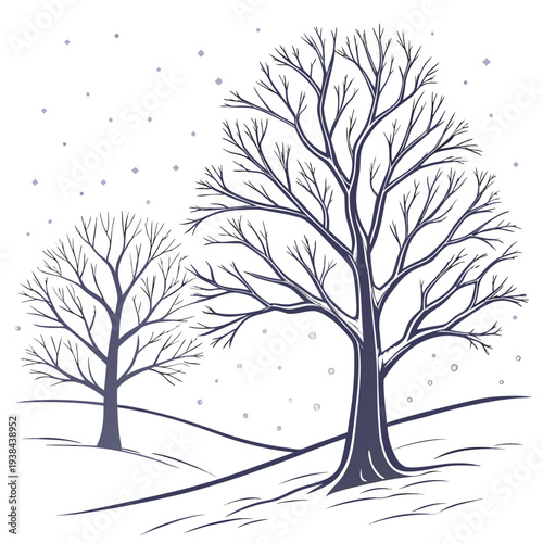 Two bare trees standing on a snowy hillside with a clear sky. Vector