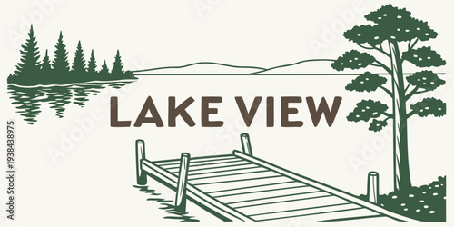 A serene landscape with a lake, trees, and a small cabin in the background Vector