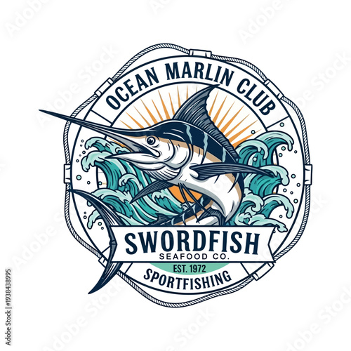 Marlin Swordfish Fishing Logo Emblem, Aggressive Ocean Fish with Sharp Bill, Retro Nautical Badge Style Isolated on White Background