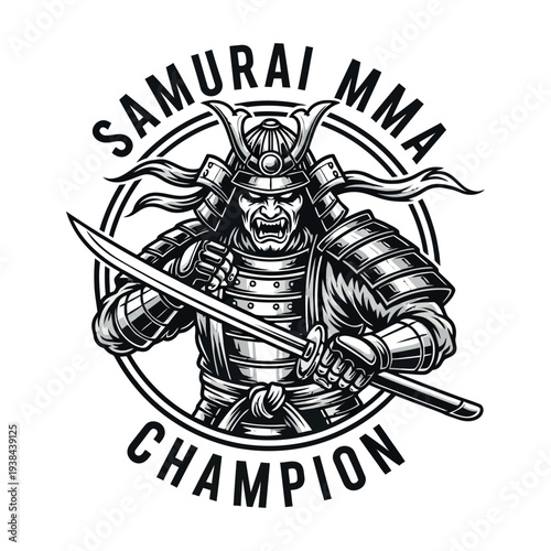 Samurai Mixed Martial Arts MMA Warrior Champion Logo, Fierce Combat Athlete Wearing Kabuto Helmet, Vintage Martial Arts Badge Emblem Isolated on White Background